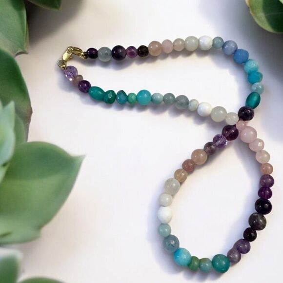 Violet Ocean Sea Genuine Gemstone Handmade Necklace Aquamarine Amethyst Quartz - Picture 1 of 5